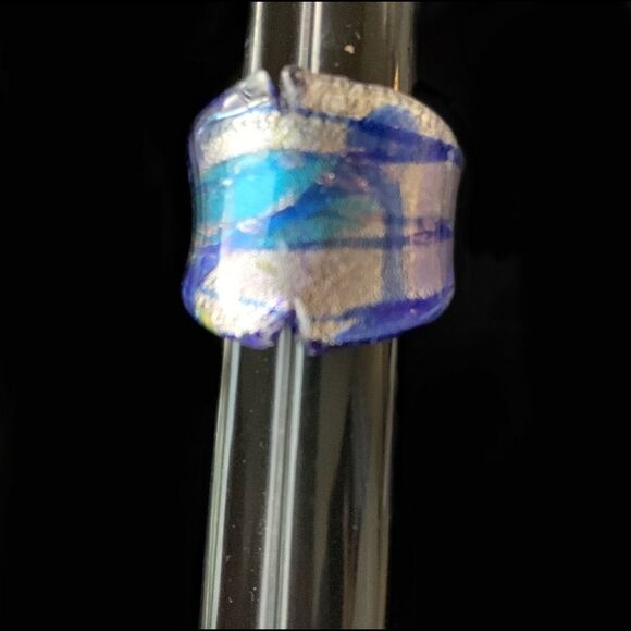 Blue Silver Murano Glass large freeform ring sz 7.5 new - Picture 6 of 7